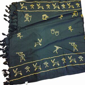 Rima Sarong Wrap Oversize Scarf Beach Cover Up Black Gold Tribal Fringe Tassels